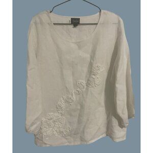 Womens White Linen Long-Sleeve Blouse Floral Applique Size L Beach Resort